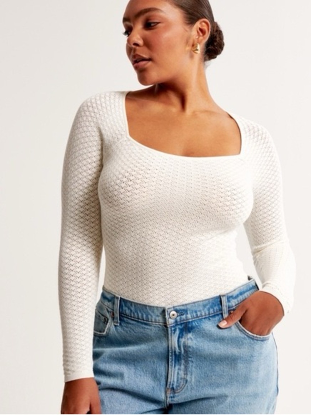 Abercrombie & Fitch White Square Neck Textured Knit Long Sleeve Top